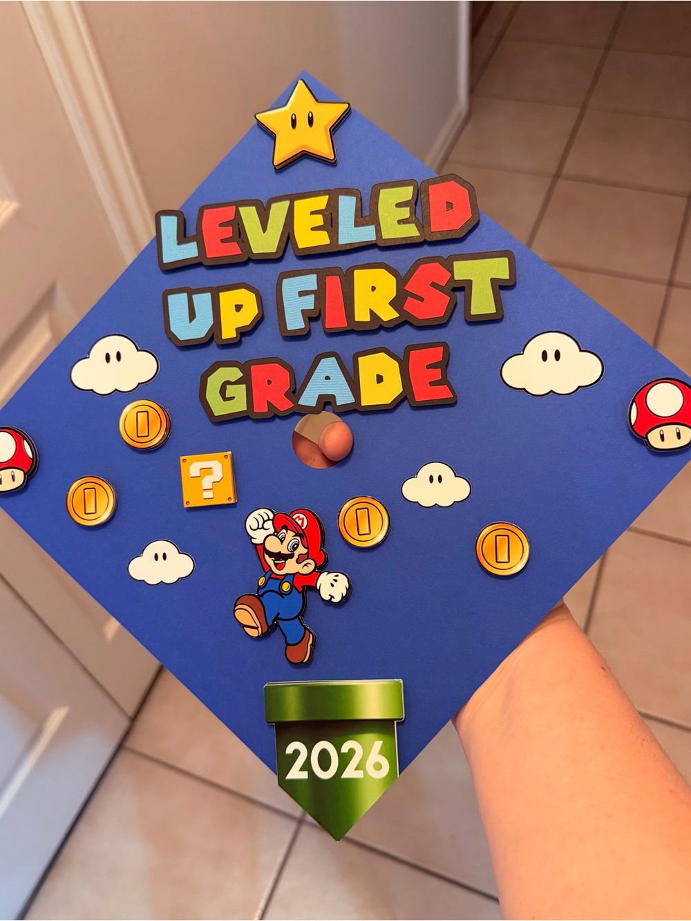 Leveled Up First Grade Graduation Cap - Blue with Mario Decor